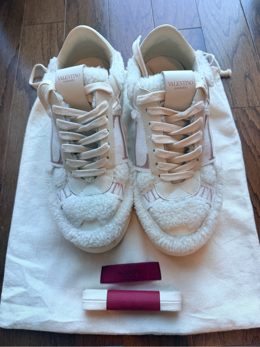 Valentino Ivory and Pink Shearling-Trim Sneakers - Picture 5 of 8